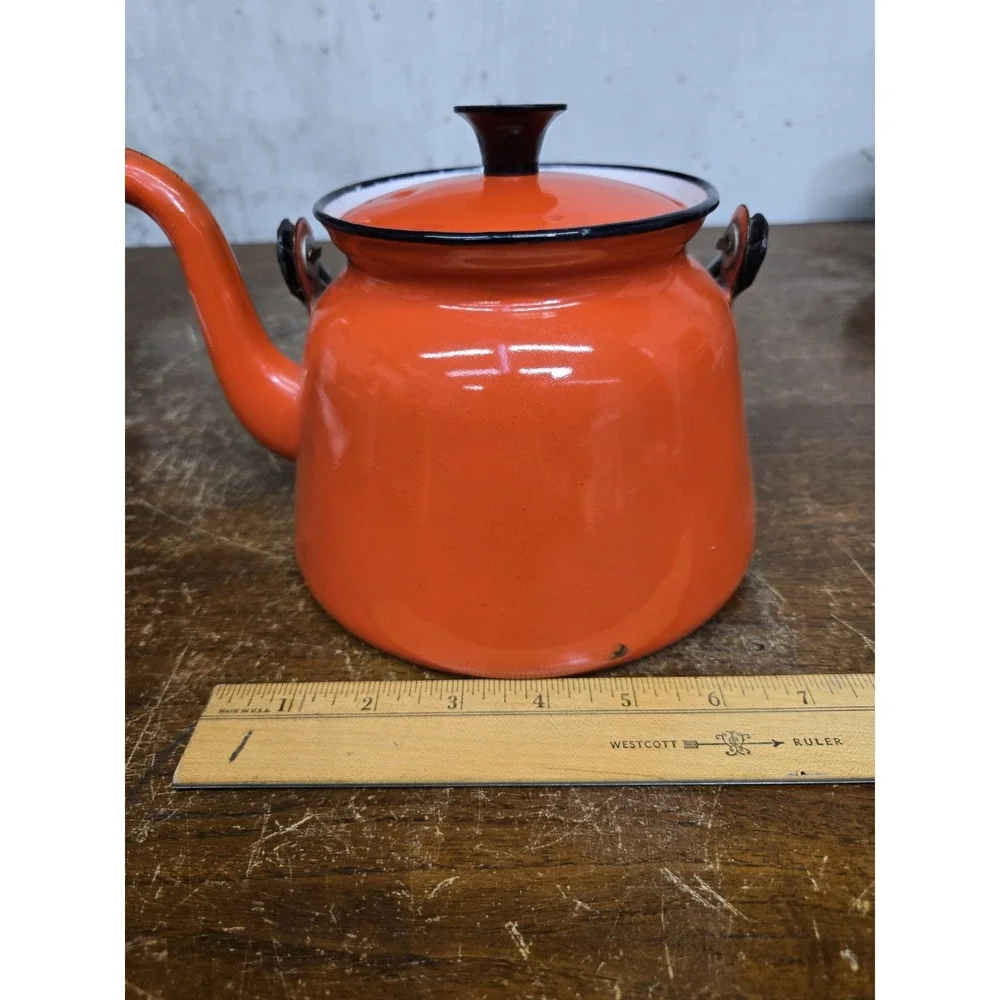 Vintage Huta Silesia Poland Orange Enamelware Tea Kettle Teapot Retro MCM